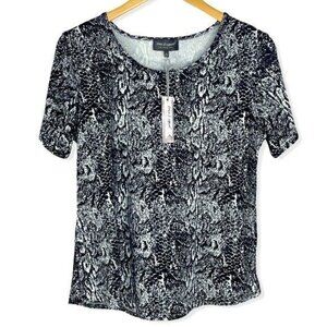 Snake Print Blouse Black White Women Size Medium Short Sleeve Once & Again